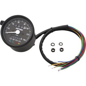 Daytona 'Mechanica II' Speedometer, 140km/h display, 60mm diameter, black housing, black dial, 4 pilot lights, LED illumination, 6-12V
