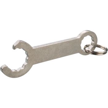 Key Fob, stainless steel, tool for 10 mm/13 mm external hexagon and bottle opener, dimensions approx. 70 x 23 mm