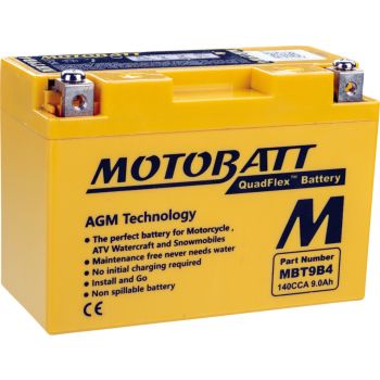 AGM Battery MOTOBATT 12V, maintenance-free filled, leak-proof due to AGM technology (glass fibre fleece), Type MBT9B4 / YT9BBS / CT9B4