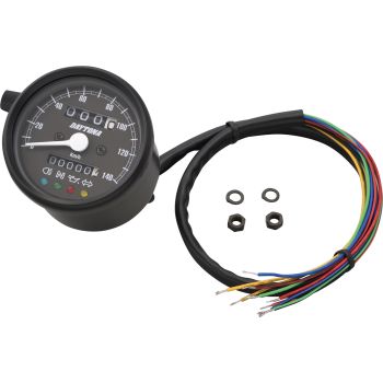 Daytona 'Mechanica II' Speedometer, 140km/h display, 60mm diameter, black housing, black dial, 4 pilot lights, LED illumination, 6-12V