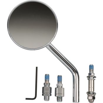 Mini rétroviseur rond/chromé pour montage à droite ou gauche, 3 adaptateurs de filetage, diam. miroir 81mm, bras 13+5cm. Pièce